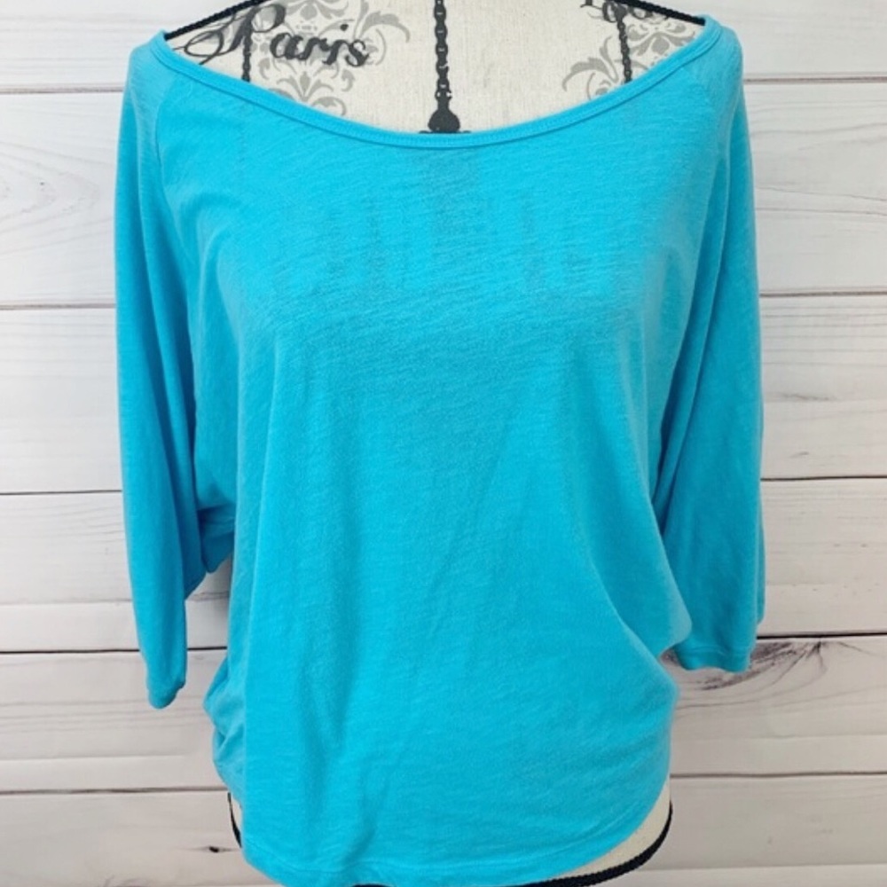 PINK blue dolman top off shoulder  blouse xs